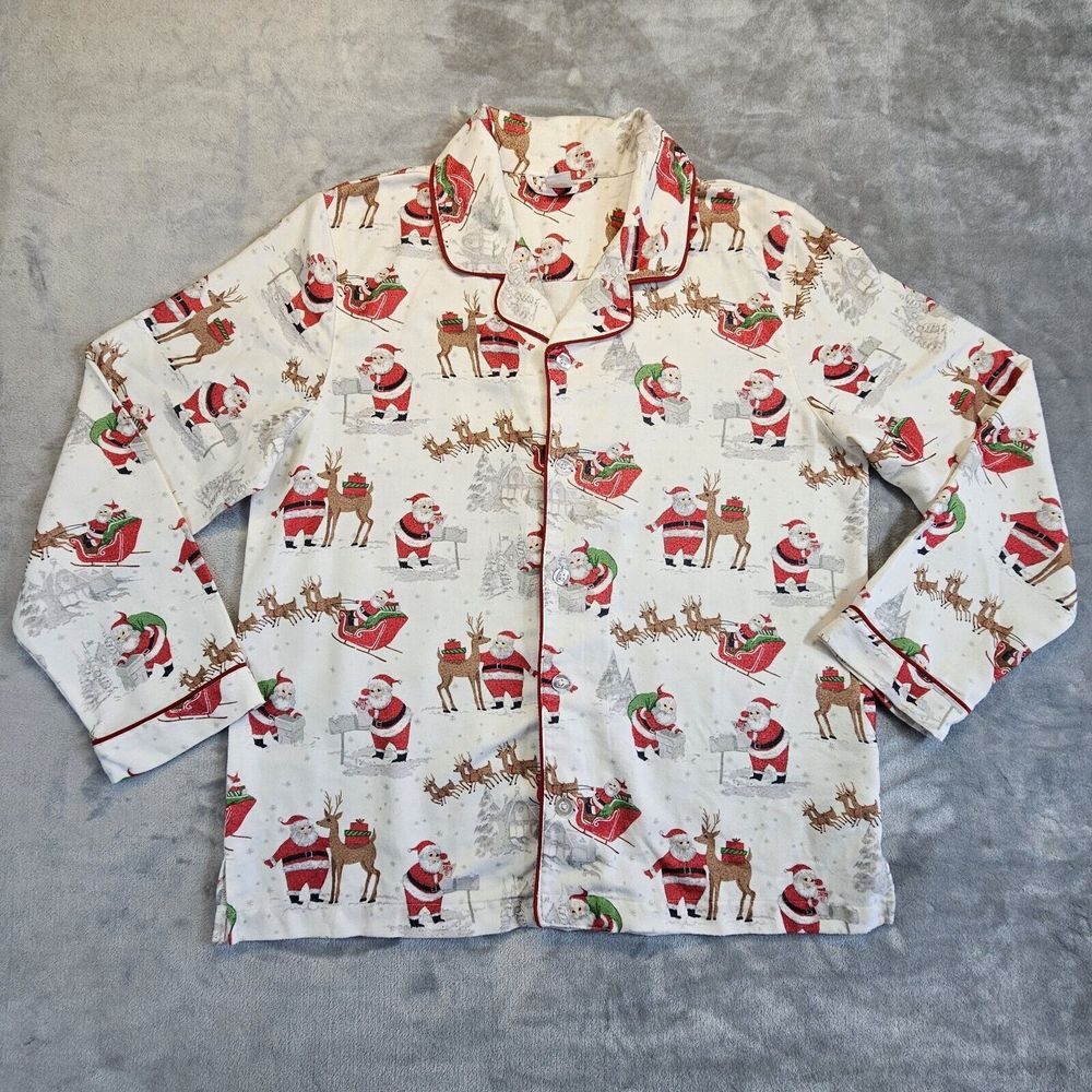 Pottery Barn Kids Christmas Pajama Top Shirt Adult Medium Santa‎ Sleigh Reindeer